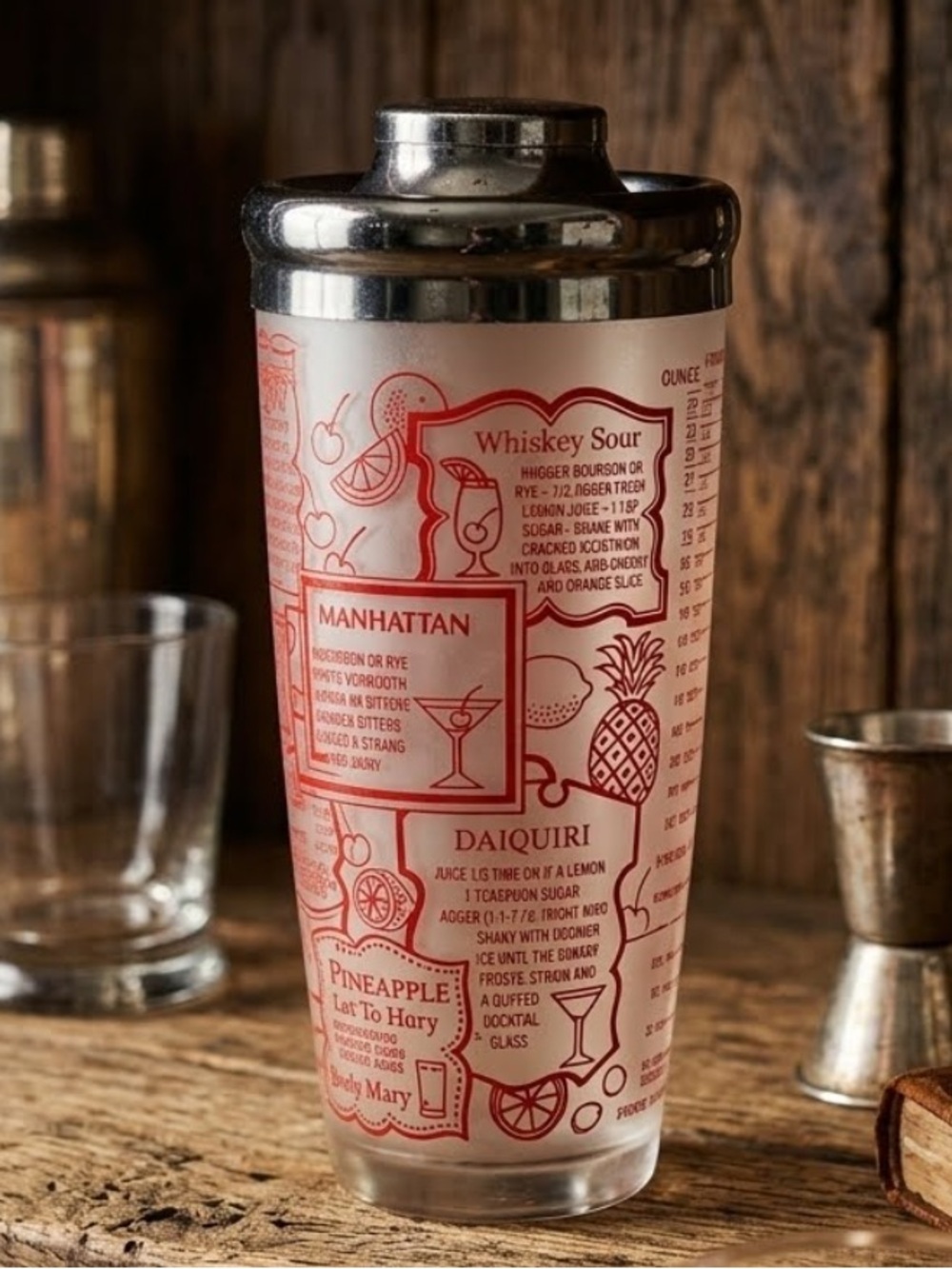 vintage Irvinware cocktail shaker
1970s
classic drink recipes printed
24 ounce